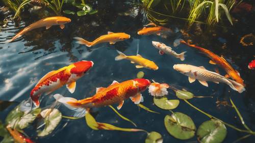 Un estanque koi con peces arremolinándose bajo los lirios, cuyas escamas de color rojo fresco y amarillo vibrante brillan bajo el sol.