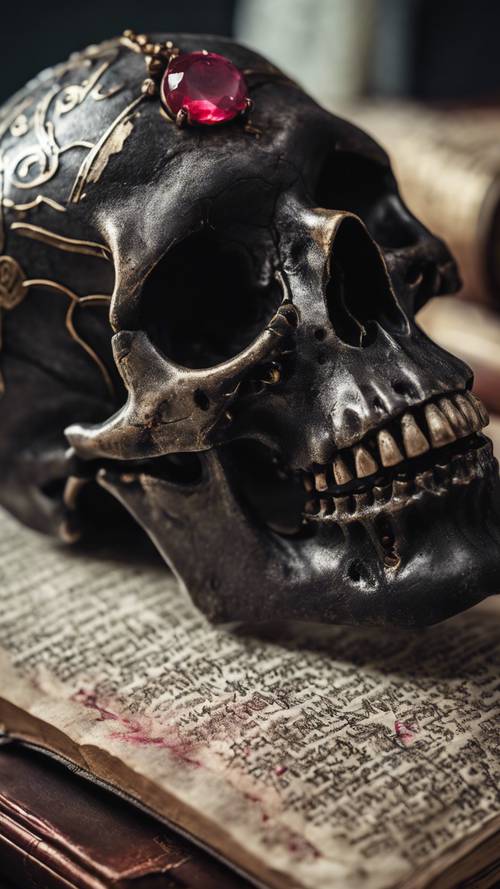 A black skull with ruby eyes embedded, sitting on an ancient scripture.