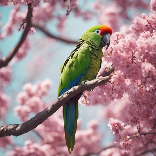 Seekor burung beo hijau bertengger di cabang berbunga merah muda selama musim semi.