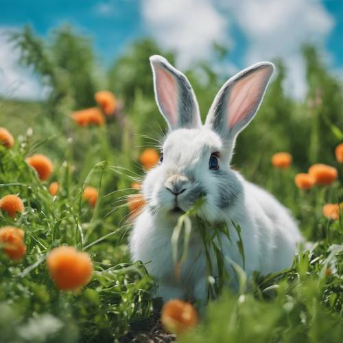 Un conejo esponjoso de ojos azules comiendo una zanahoria en un prado verde de primavera bajo un cielo azul.