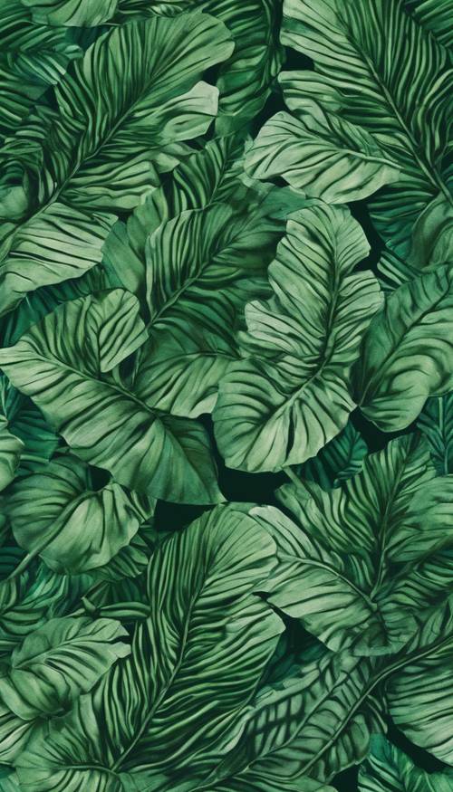 Un patrón de tela de seda verde esmeralda, que se asemeja a las exuberantes hojas de una jungla.
