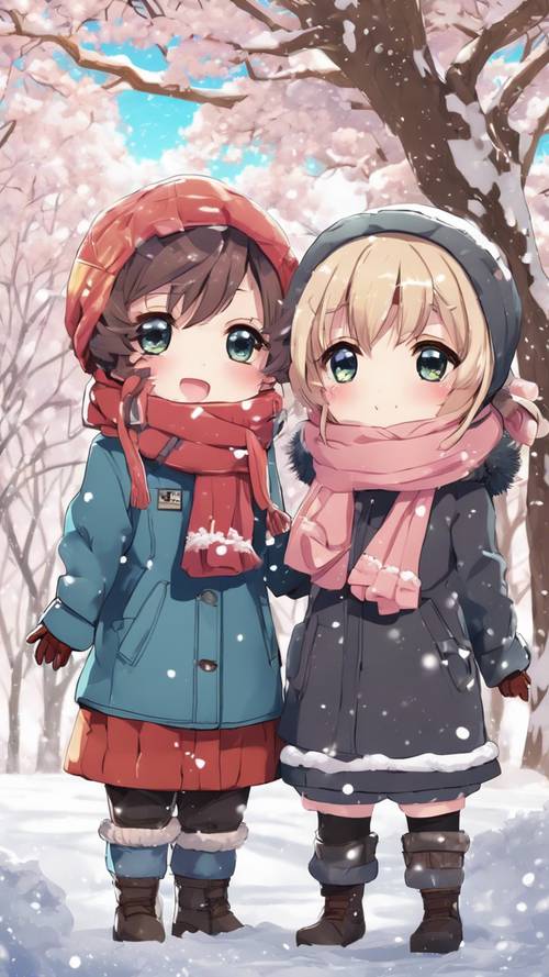 Two anime-style chibi characters exchanging scarves in a snow-covered park to express their care. Tapet [3291e7c52a804bf0904e]