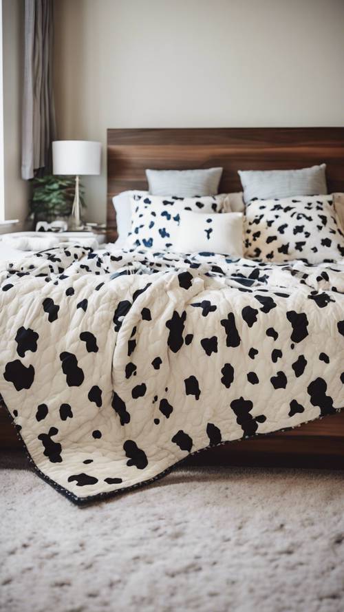 Kraliçe boy yatakta inek desenli şık yorgan ve yastıklar bulunan rahat yatak odası.
