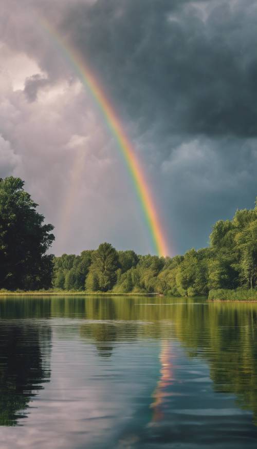 A soothing rainbow reflecting in the calm lake water after a storm