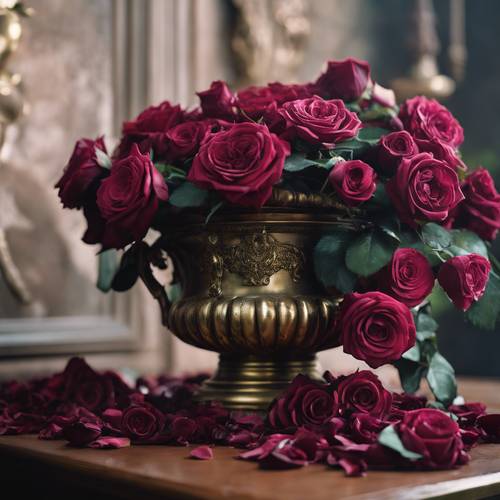 一束束深色玫瑰，如瀑布般从华丽的天鹅绒中倾泻而下，洒落在一个古老的黄铜瓮中。