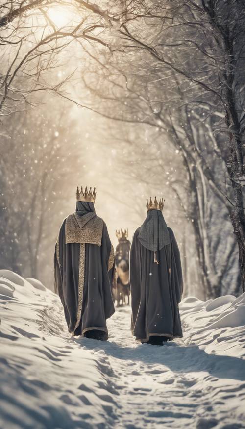 Three kings trekking through a snowy path, following the star to the nativity scene.