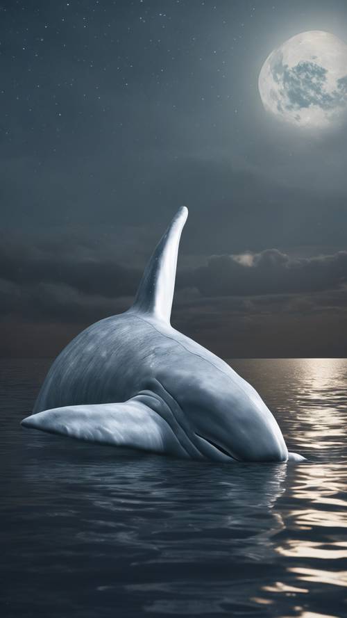 An eerie, but mesmerizing image of an albino whale glowing under the moonlight in the dark, glassy ocean.