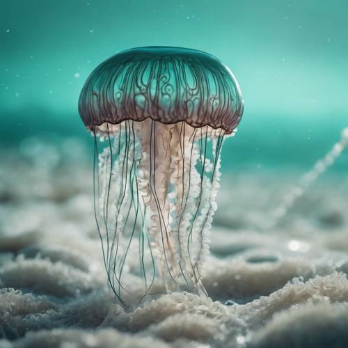 An elegant jellyfish adorned with lace-like patterns, gracefully drifting in teal-colored salty waters. Tapeta [30eeb9458bea48c58f84]