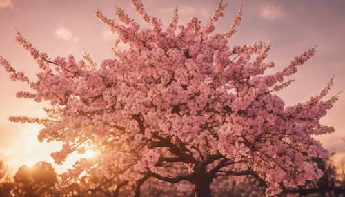 شجرة أزهار الكرز الهندسية تحت سماء غروب الشمس، بتلاتها مشوبة بظلال من اللون الوردي والذهبي.