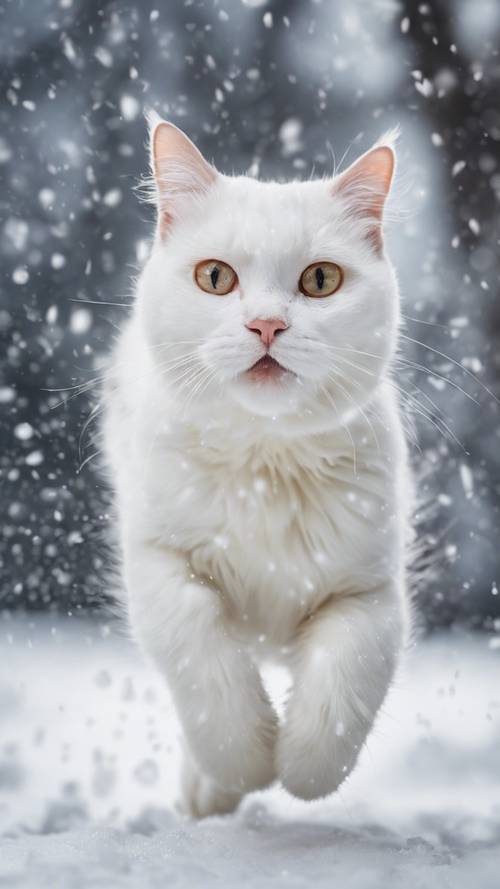 Seekor kucing putih bahagia berlarian di salju yang baru turun.
