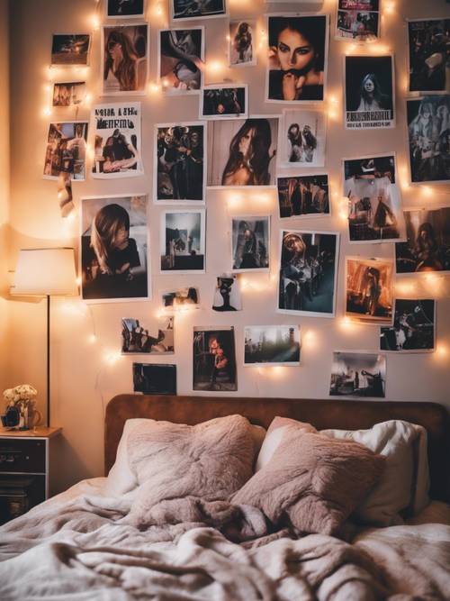 A modern and stylish teenage girl's room decorated with band posters, fairy lights, and polaroid pictures.