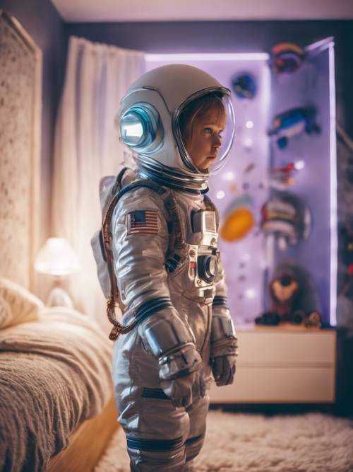 A cute girl in a spacesuit, exploring her bedroom as if it's a far-off galaxy.