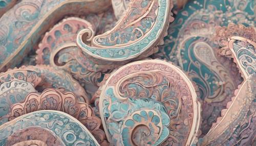 Una piacevole esposizione visiva di forme paisley in delicati colori pastello intrecciate in un motivo ripetuto.