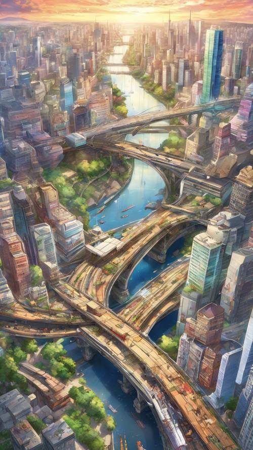 Impressão de uma cidade de anime extensa e movimentada com um trem de alta velocidade cruzando uma ponte de arco-íris.