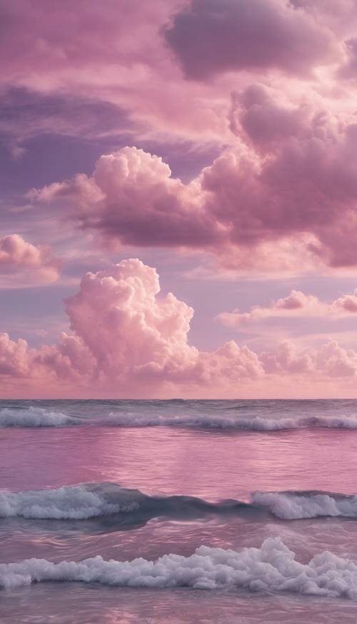 Những đám mây mơ màng có màu hồng nhạt và tím, phản chiếu trên mặt biển tĩnh lặng.