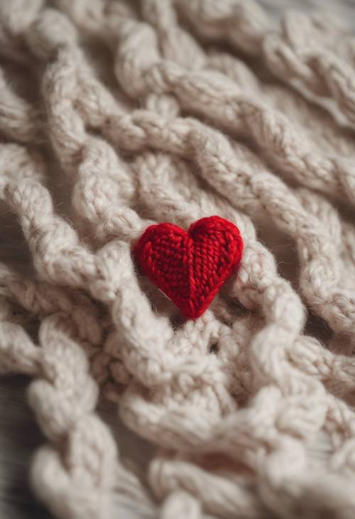 Un corazón rojo en miniatura tejido con lana suave que proyecta una suave sombra.