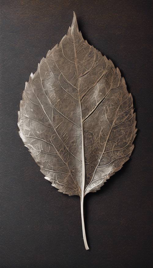 Wzór liścia ze srebrną folią, starannie wytrawiony na ciemnobrązowym kawałku starego papieru.