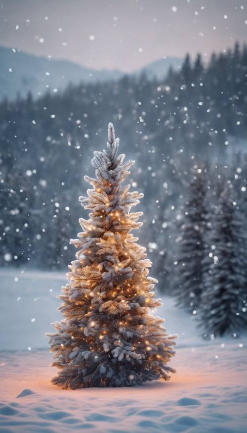 A captivating winter landscape with a single, colorful Christmas tree in the distance.