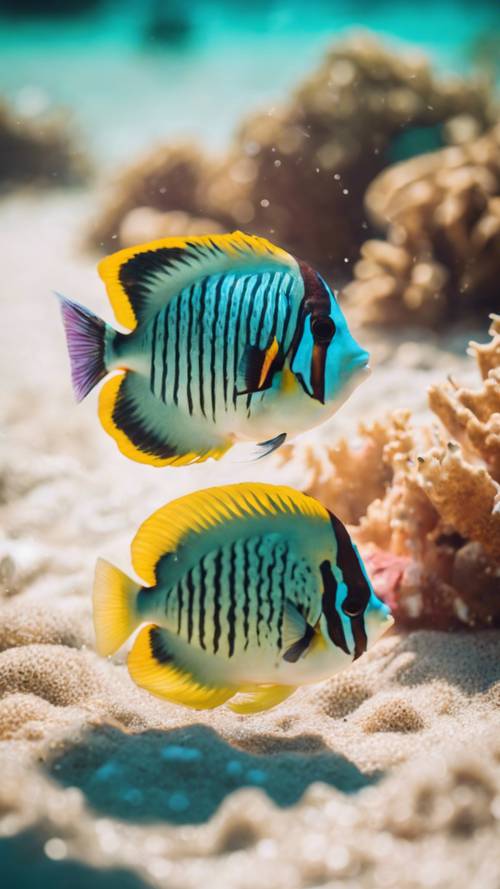 色彩繽紛的熱帶魚在明亮、陽光明媚的熱帶海灘海岸附近游泳。