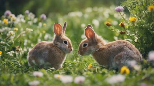 A cluster of wild rabbits nibbling on fresh greens in a spring meadow with flowers around.