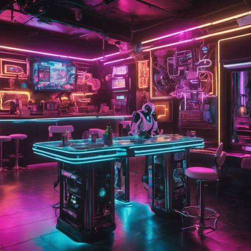 Una lounge in stile Cyber-Y2K piena di tavoli al neon fluttuanti e robot che servono bevande digitali.