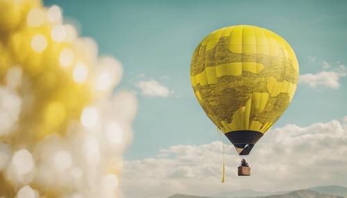 A neon yellow hot air balloon floating gracefully across a bright, morning sky. Tapet [668eb658b66e4895bc08]