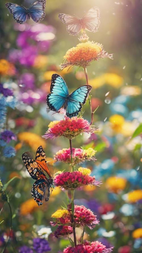 Serangkaian kupu-kupu berwarna-warni beterbangan di sekitar gugusan bunga liar yang semarak.