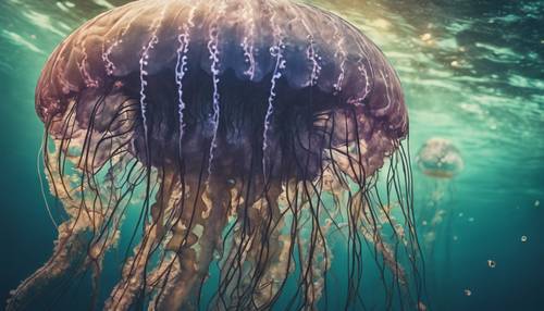An underwater view of a ginormous, ancient jellyfish with intricate patterns and a multitude of colors.