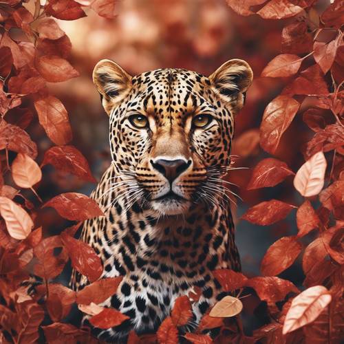 An illustration of a rose gold leopard prowling through ornate scarlet leaves in autumn.