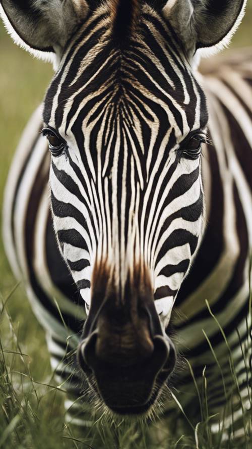Zbliżenie pyska zebry, szerokich nozdrzy i warg zakrzywionych nad kawałkiem trawy.