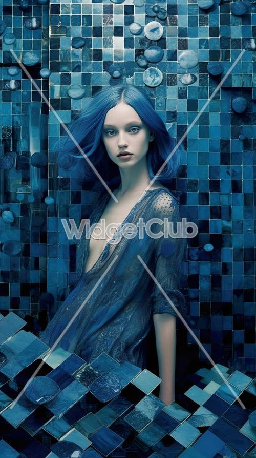 Niebieska dziewczyna fantasy w mistycznym otoczeniu