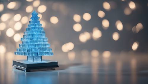 Un albero di Natale all&#39;avanguardia realizzato con cubetti di luci blu ghiaccio in una vetrina minimalista.