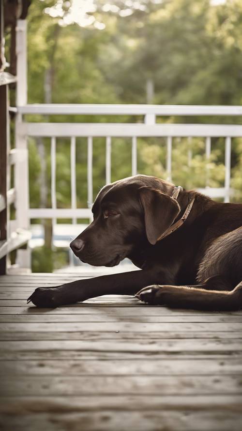A Labrador Retriever peacefully sleeping on a porch, with a slow-moving creek in the background.