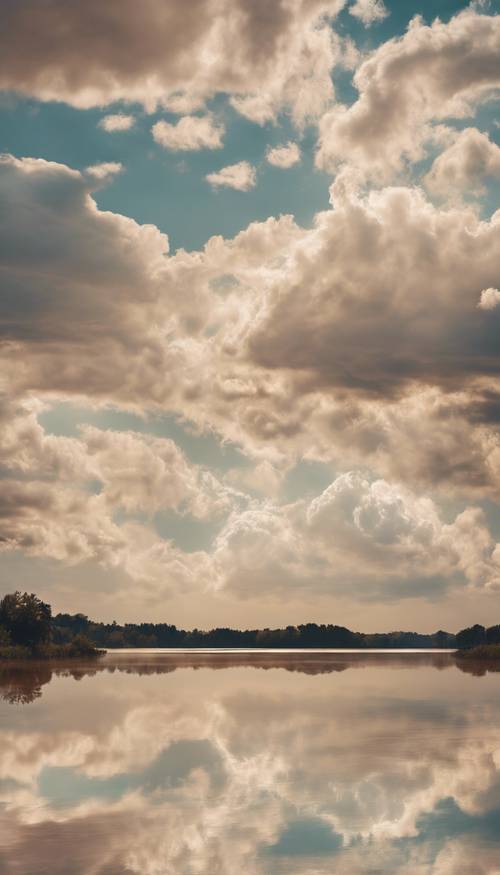 Hipnotyzujący widok beżowych chmur stratocumulus odbitych w spokojnym jeziorze.