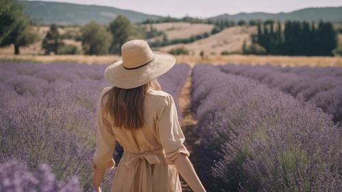 Aesthetic image of a girl in a sunhat walking through a lavendar field on a sunny day.