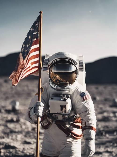 Gambar inspiratif seorang astronaut di luar angkasa, memegang bendera dengan kutipan putih.