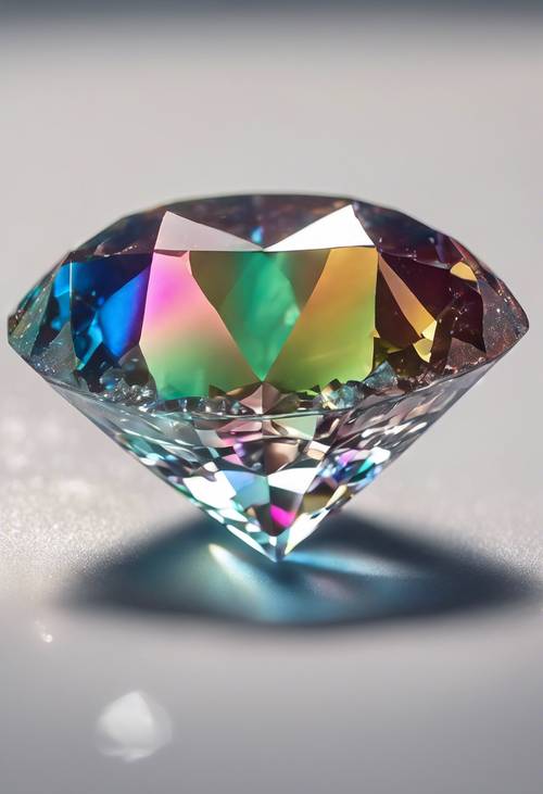 La luce si rifrange attraverso un diamante sfaccettato che proietta un arcobaleno su una parete bianca.