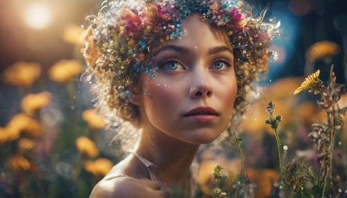 A curious fairy peering from behind vivid, wild flowers with a glittering moondust trail behind her.