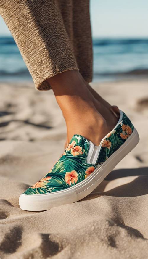 一腳蹬帆布運動鞋，飾有熱帶印花圖案，以陽光明媚的海灘度假為背景。