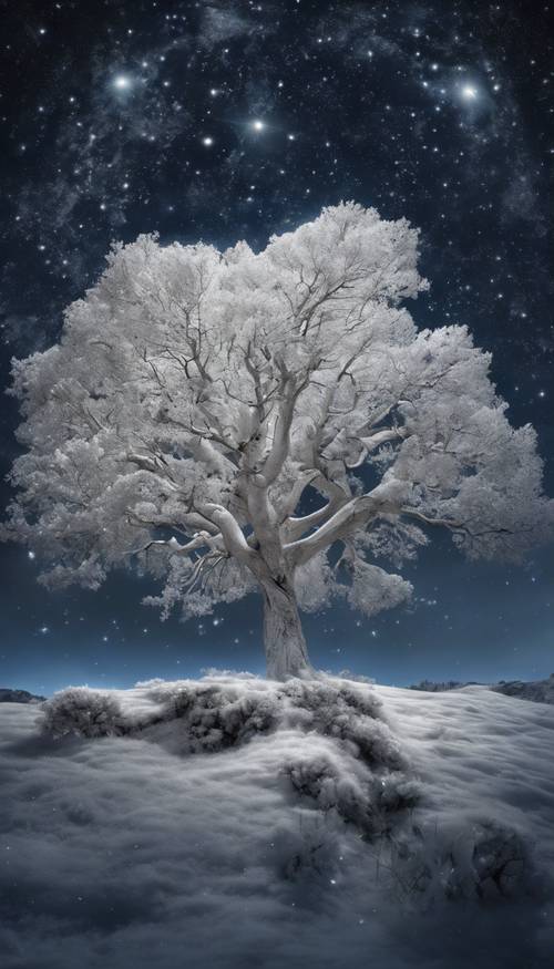 עץ לבן מסתורי זוהר מתחת לשמי הלילה משובצי הכוכבים.