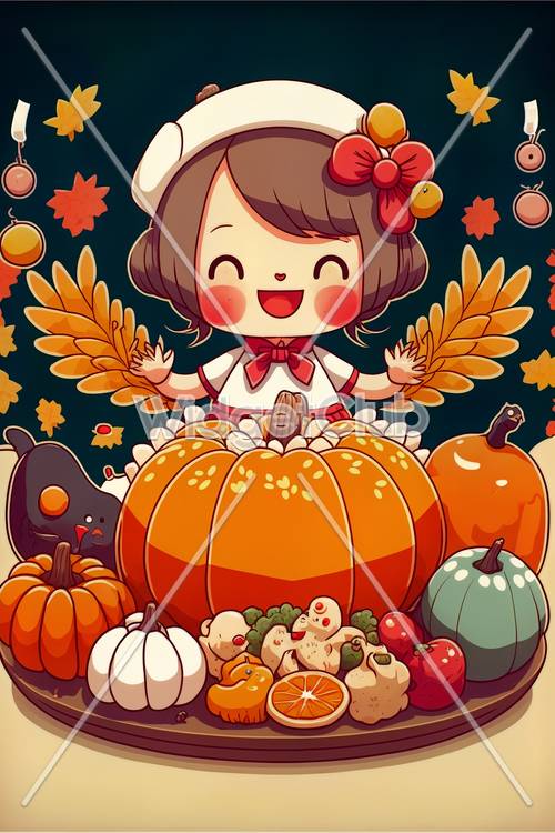 カワイイ秋の妖精がかぼちゃに座っている壁紙 - 子どもでも楽しめるデザイン
