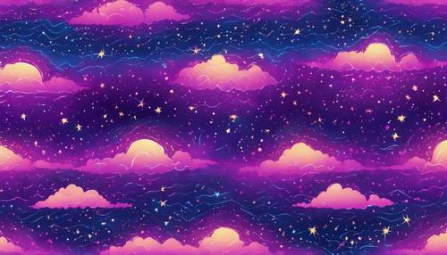 A seamless pattern exploring a starry night sky interpretation through a neon blue and purple ombre effect.