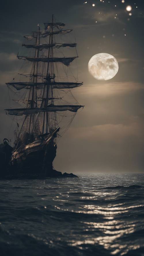 Um velho veleiro à deriva no cenário de um farol sinistro, sob uma noite de luar.
