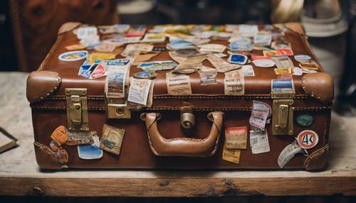 A well-worn brown leather suitcase, covered in travel stickers from various cities around the world.