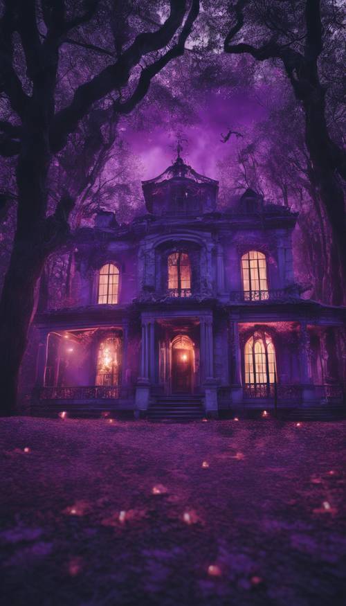 Gambaran menakutkan dari sebuah rumah berhantu, hanya diterangi oleh nyala api ungu yang ganas.