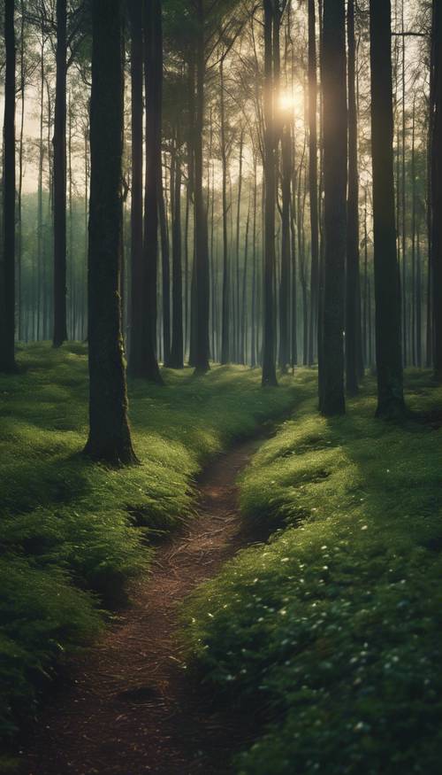Hutan hijau tua yang tenang saat fajar menyingsing