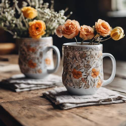 A boho floral design on choose ceramic coffee mugs on a wooden table.