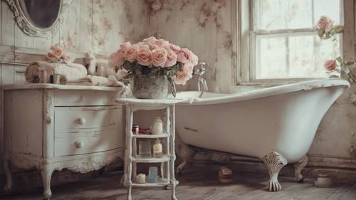 A shabby chic bathroom with a clawfoot bathtub, a vintage vanity with a distressed finish, and roses in a glass jar.
