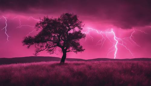 Die Silhouette eines einsamen Baumes unter einem hellen rosa Blitz