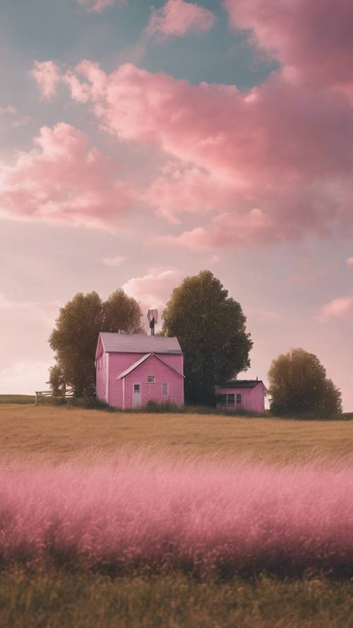 Une scène rurale paisible avec de doux nuages ​​roses planant au-dessus d’une petite ferme pittoresque.